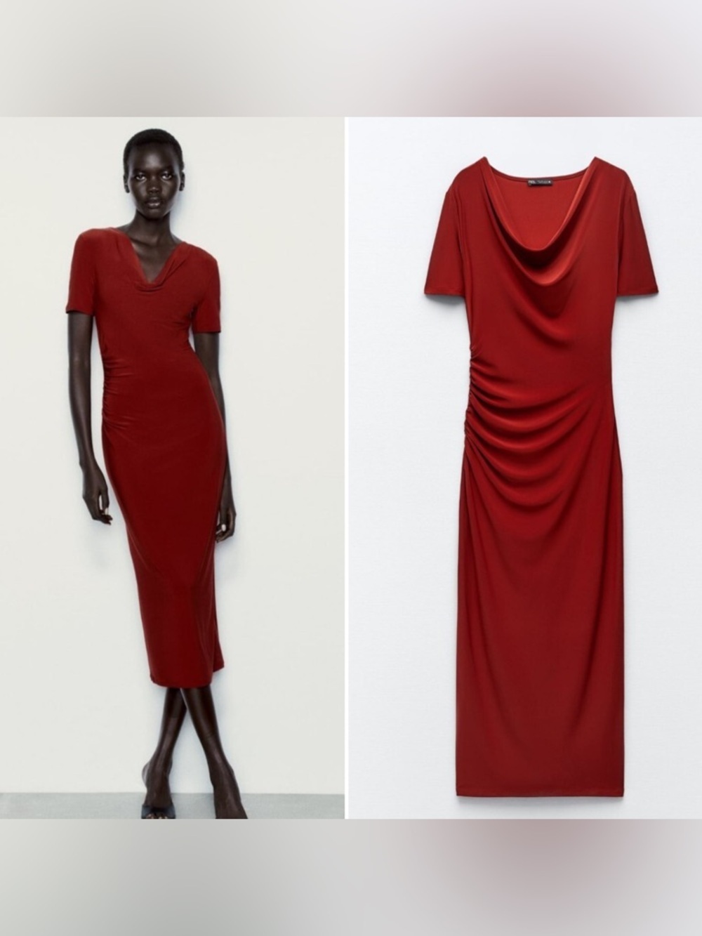 Zara Earth Wine Fitted Drapped Neckline Ruched Midi Dress NWT Size Small